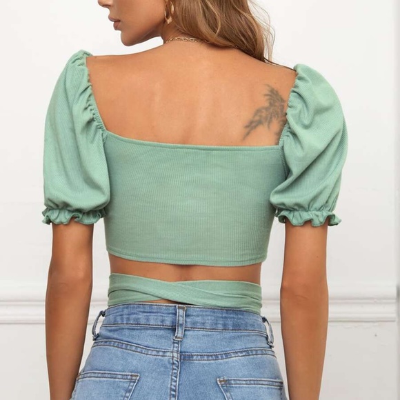 Twist Puff Sleeve Lace up Wrap Crop top - Picture 9 of 9